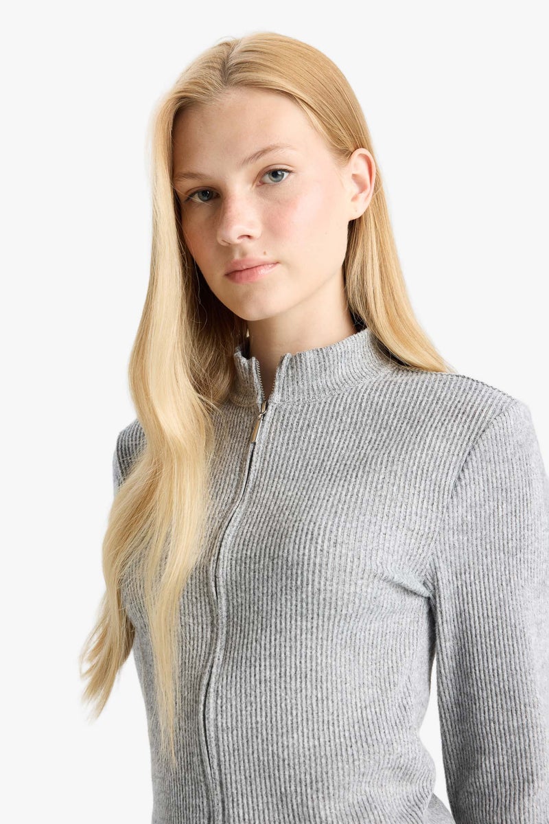 DeFacto Grey Woman Turtleneck Zip-Up Cardigan Casual - Image 4